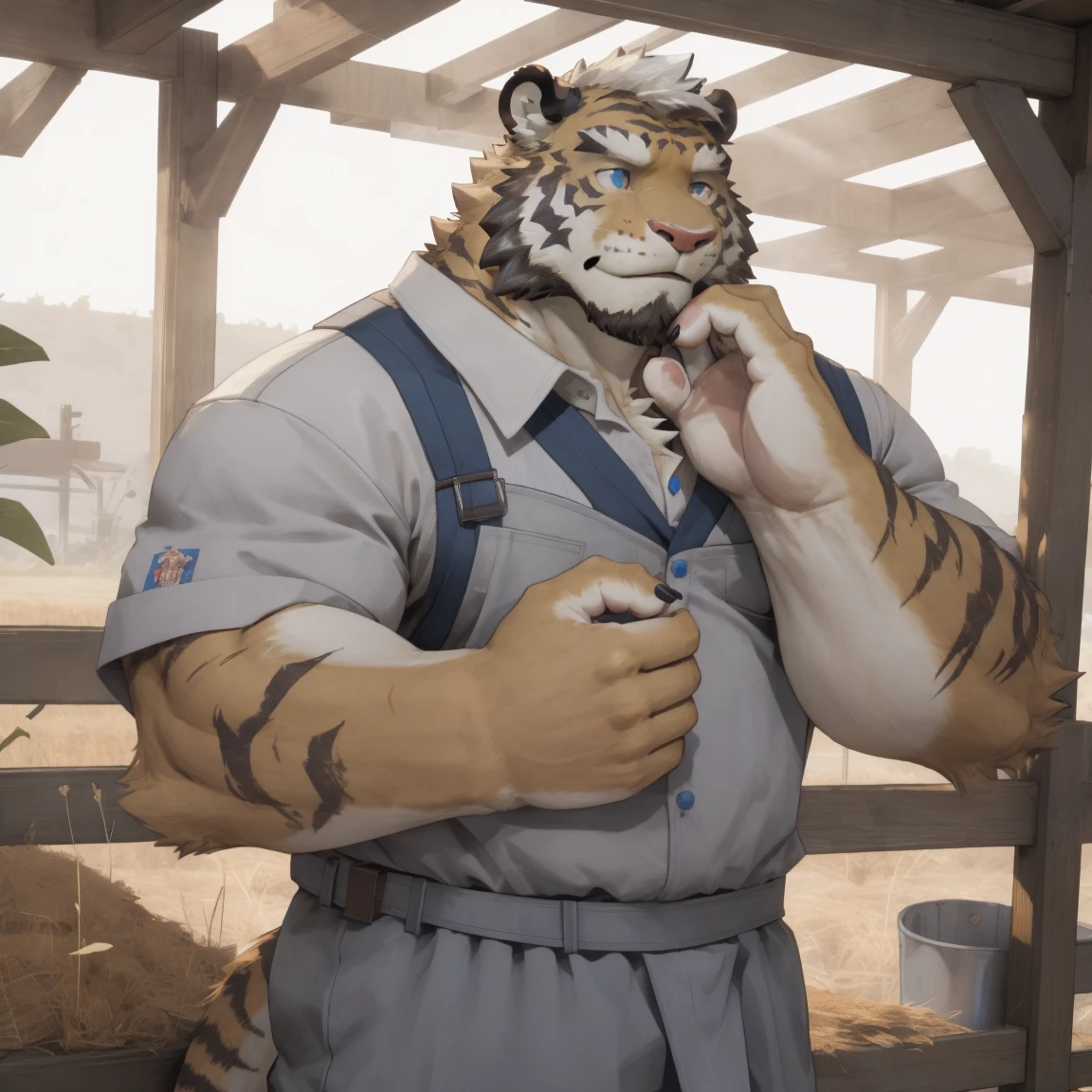 masterpiece, best quality, 8k resolution, Very detailed, hairy,tiger,((White short hair)),Strong body,((Fifty years old)),((Middle-aged and elderly)),(((Blue eyes))),For the audience,portrait,(Highest quality scene),(((Gray cloth))),((Solitary)),Black trousers,whole body,((Touching his chin and thinking)),(Mature),(((rural))),((yellow fur)),Standing,((farmer)),(((Sunny))),(((August))),(((Serious)))