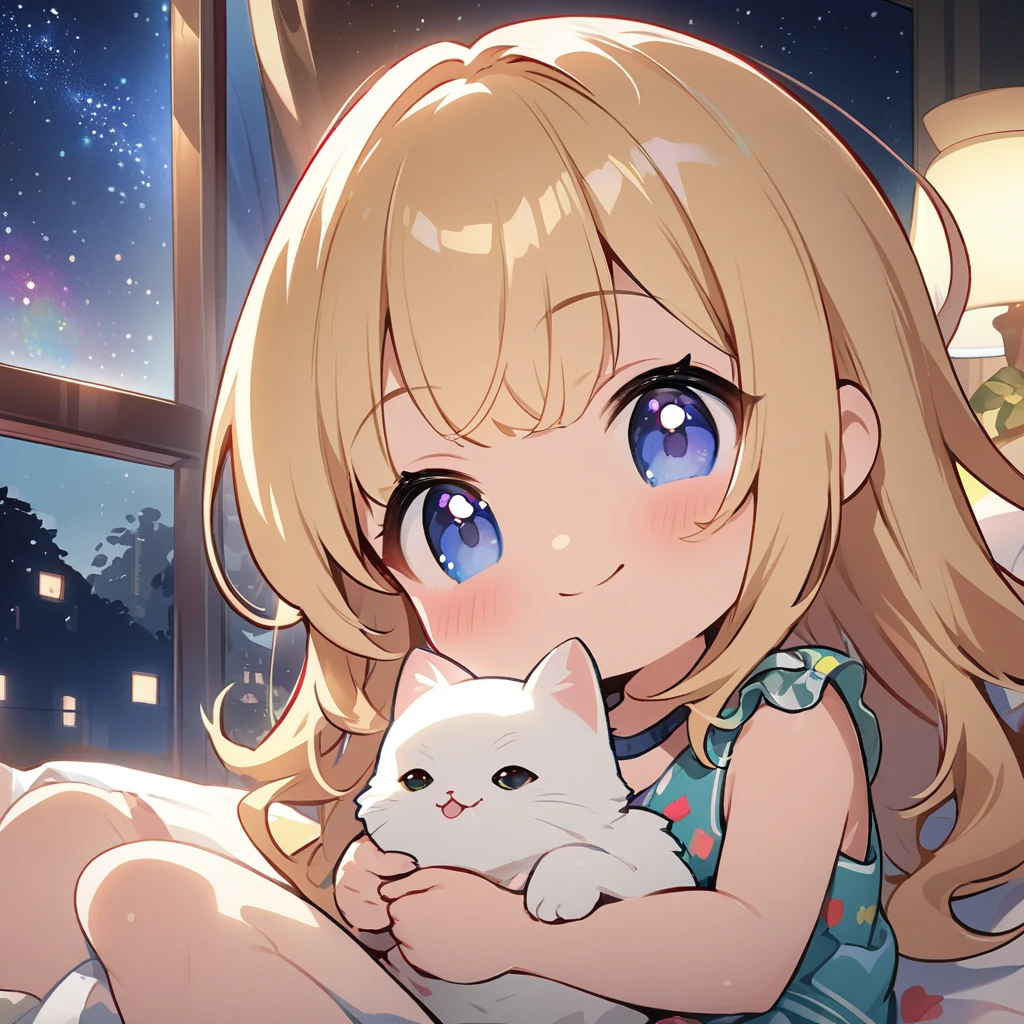 masterpiece、highest quality、Depth of subject、２D illustration、1 beautiful girl、solo, (((chibi style)))、cute chibi, lovely chibi, ((night)), ((window)), ((starry sky)), Long, beautiful hair、shiny blonde hair、cute、Beautifully detailed eyeini skirt))、((colorful))、Tank top、((happy smile))、sitting on bed, ((close up shot))、((Holding a kitten)), ((in the room))、((There&#39;s a lot of pink around))、((bed))、Thighs、((vivid color))、sparkle、((Lens flare))、