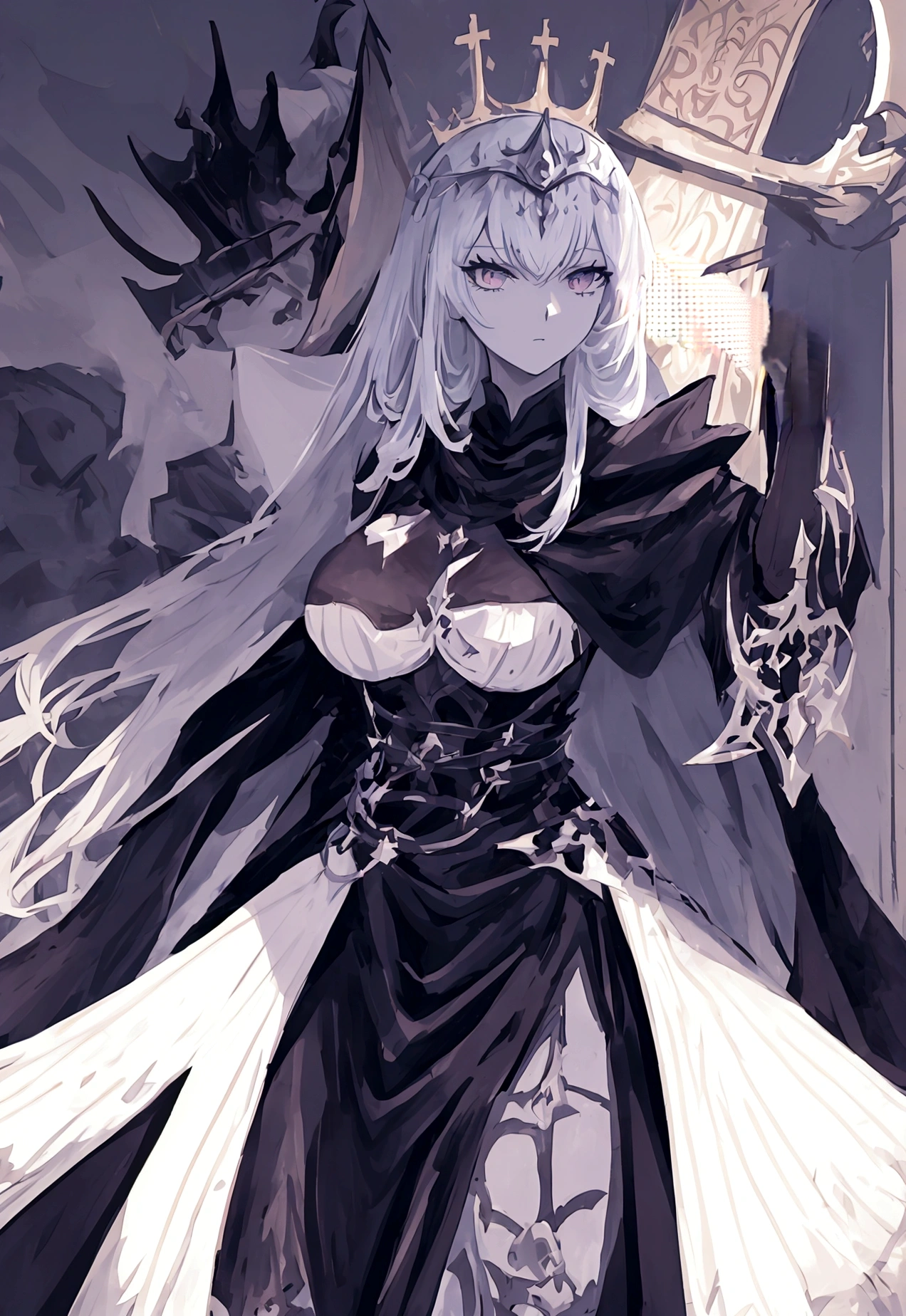 drawing of a woman in a long cape and black and white dress, crown on head, sword in hand, Full review, dark fantasy character design, interesting character design, queen, warrior character,The Dark Goddess, best anime character design, Anime girl, Full Knight Pose
