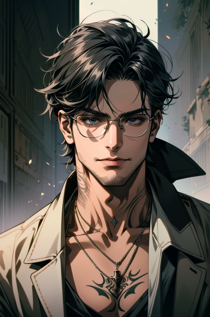 ((ultra detailed, masterpiece, absurdres)) 1boy, solo, black hair, tattoo, necklace, black beard stubble, glasses, 