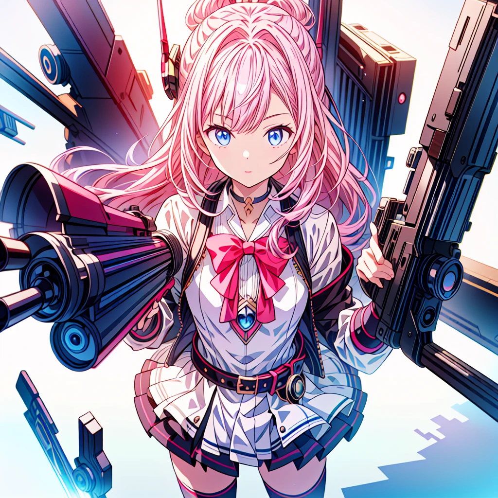 1girl、[17277fbe68],minaba hideo、High quality、Maximum detail、(((highest quality、Masterpiece、Official Art、The best dynamic composition)))、(Fine hair)、(Tabletop, highest quality), Super detailed, Anime Style, whole body, Cyberpunk Girl, Gripping a high-tech rifle, Milky white and pink hair, Glowing blue eyes, Wearing a magical girl costume , 8K High Resolution, Trend Art Station, White Background, Standing in the Wilderness, whole body,