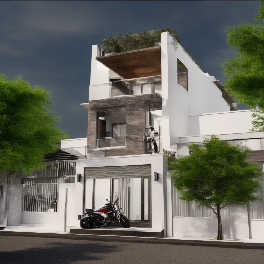 arafed house with a motorcycle parked in front of it, frontview, mid-view, concept house, front perspective, front-view, render, highly rendered!!, render vray, render 3 d, final render, professional render, 3 d rendering, 3d rendering, 3d finalrender, 3 d finalrender, rendered, complete house, d render