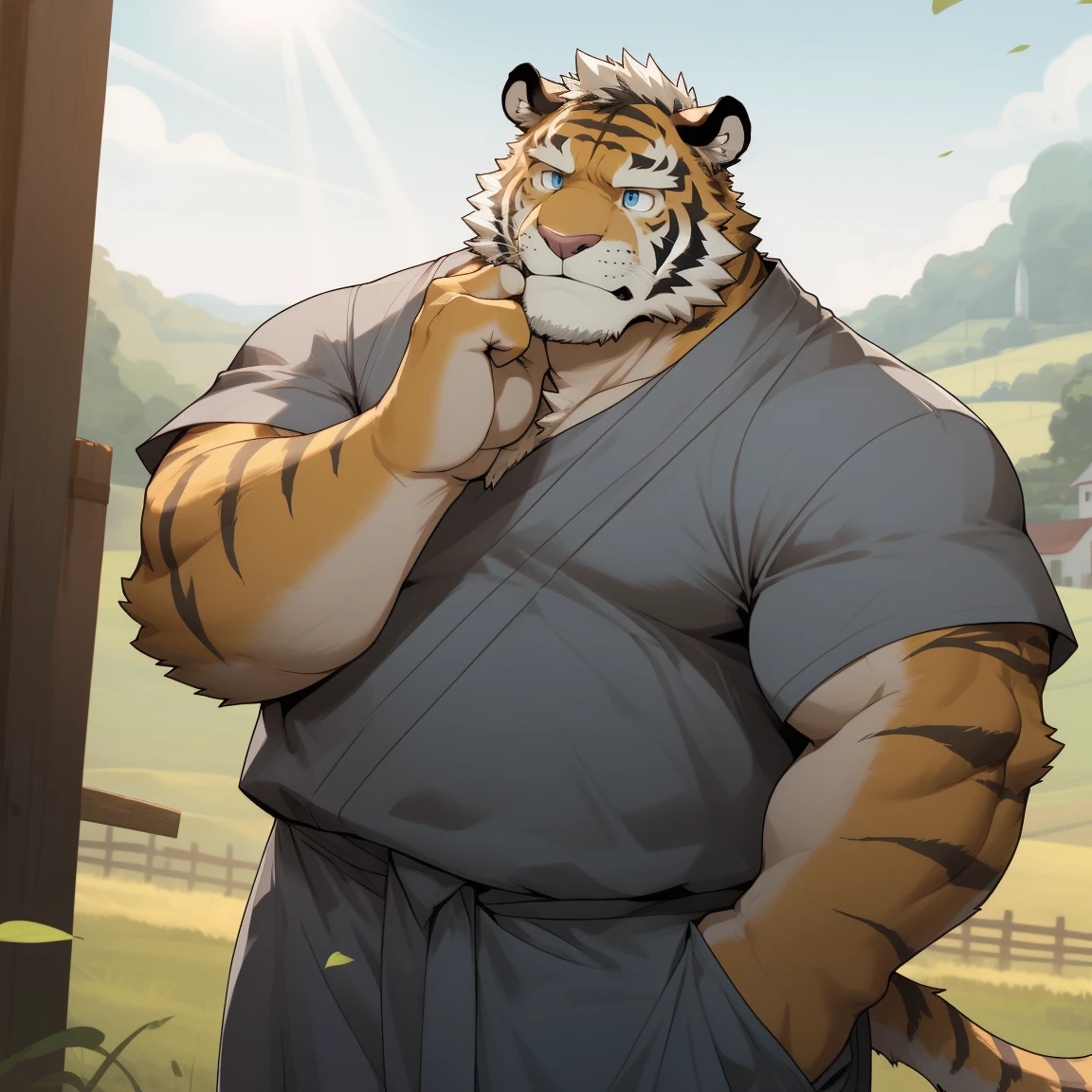 masterpiece, best quality, 8k resolution, Very detailed, hairy,tiger,((White short hair)),Strong body,((Fifty years old)),((Middle-aged and elderly)),(((Blue eyes))),For the audience,portrait,(Highest quality scene),(((Gray cloth))),((Solitary)),Black trousers,whole body,((Touching his chin and thinking)),(),(((rural))),((yellow fur)),Standing,((farmer)),(((Sunny))),(((August))),(((Serious)))
