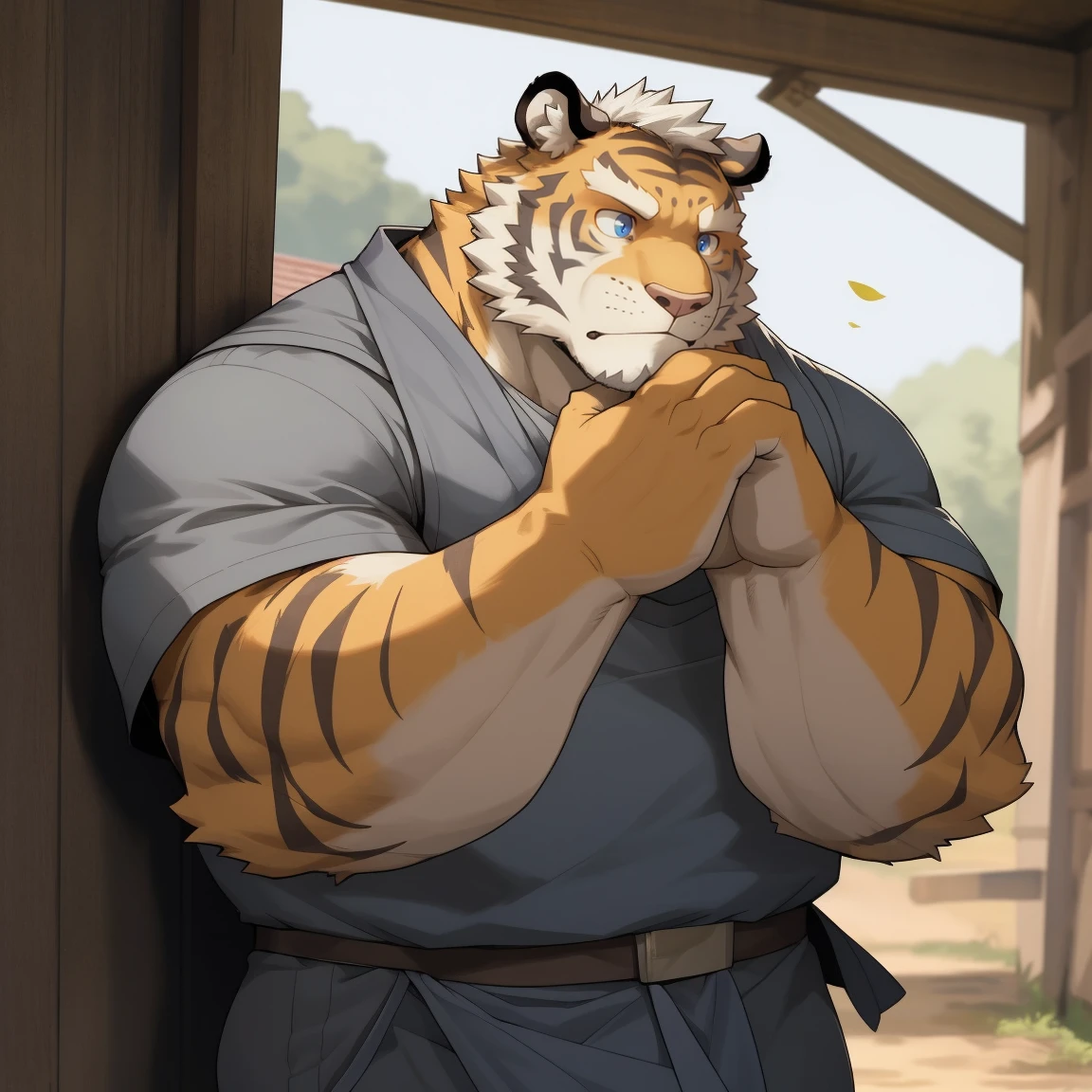 masterpiece, best quality, 8k resolution, Very detailed, hairy，tiger，((White short hair))，Strong body，((Fifty years old)),((Middle-aged and elderly))，(((Blue eyes)))，For the audience，portrait，(Highest quality scene)，(((Gray cloth)))，((Solitary))，Black trousers，whole body，((Touching his chin and thinking))，(Mature)，(((rural)))，((yellow fur)),Standing，((farmer))，(((Sunny)))，(((August)))，(((Serious)))