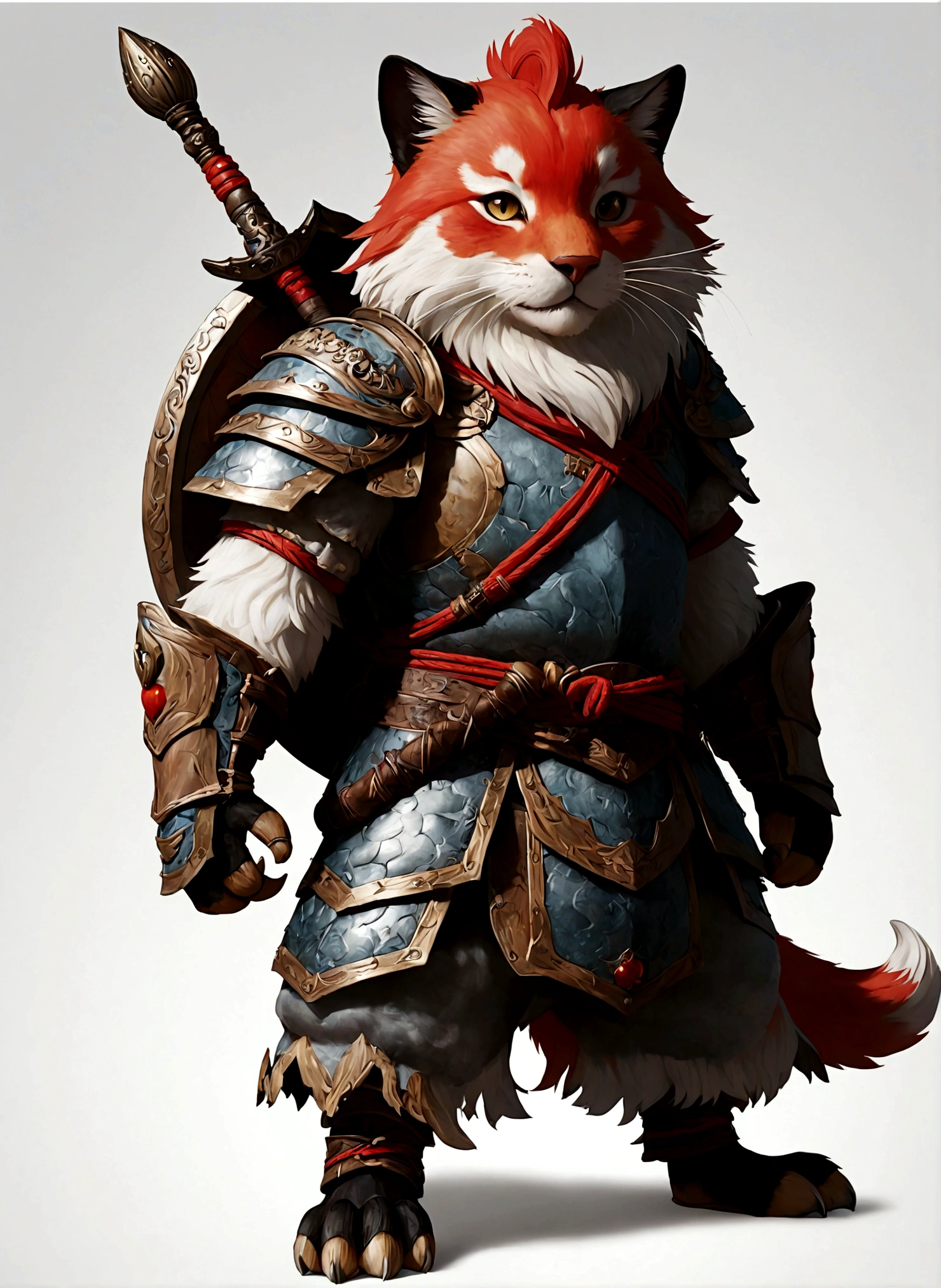 1boy,Thick hair,Leather,Scapula,Arm armor,Red Gourd,Waist armor,paw,Panlong Stick,Fluffy tail,Leg Armor,solo,Simple background