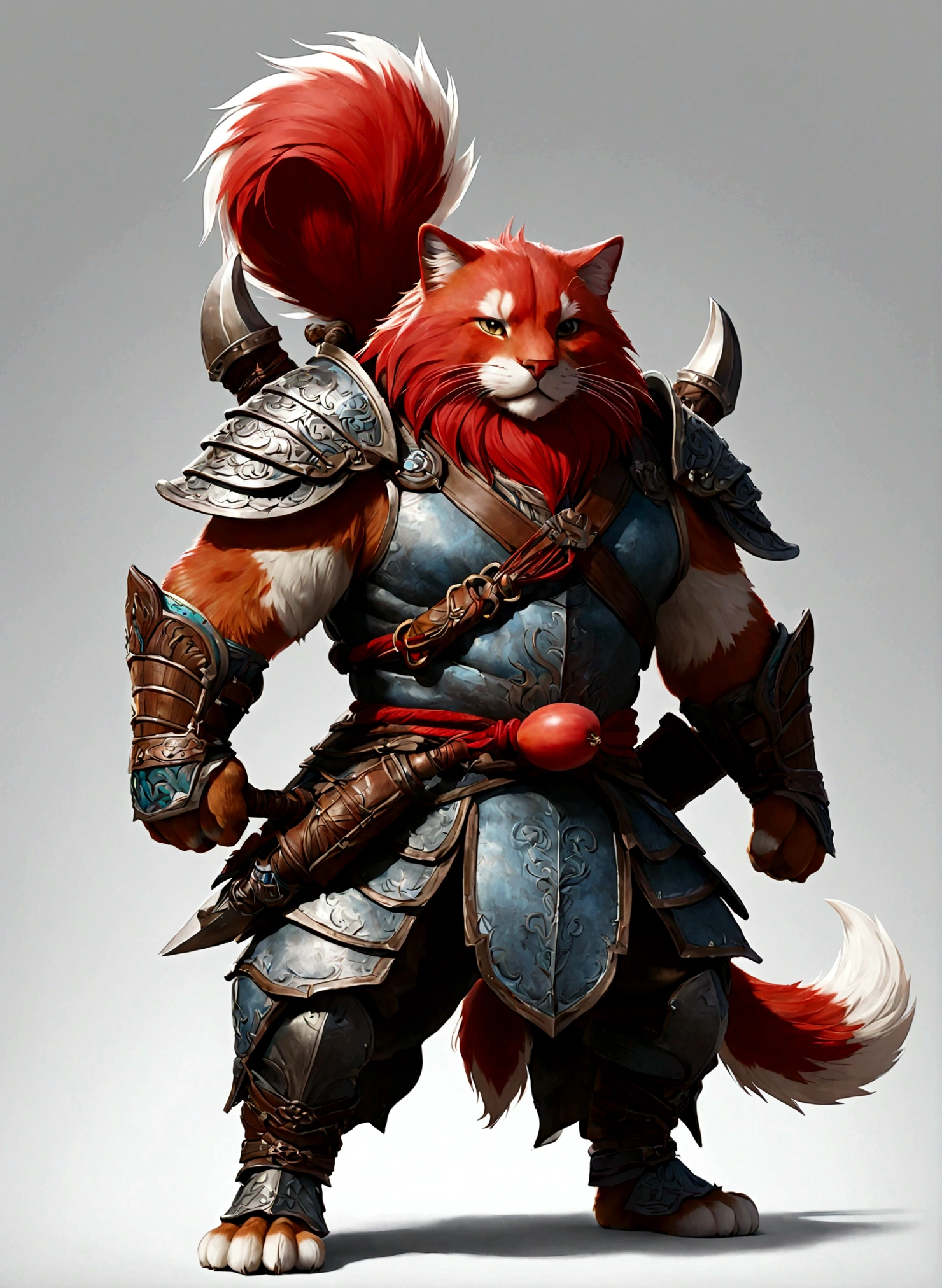 1boy,Thick hair,Leather,Scapula,Arm armor,Red Gourd,Waist armor,paw,Panlong Stick,Fluffy tail,Leg Armor,solo,Simple background