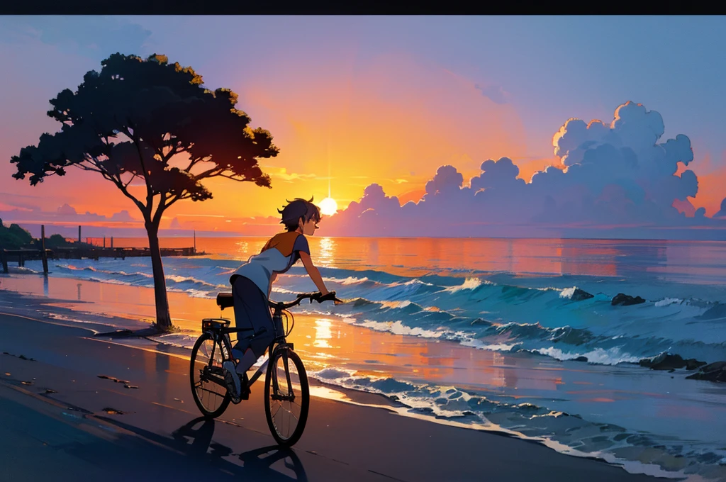 Studio Ghibli Style HMC, Studio Ghibli Style HMC, Beach sunset bike view,Blues, One boy,landscape,Beautiful sunset,