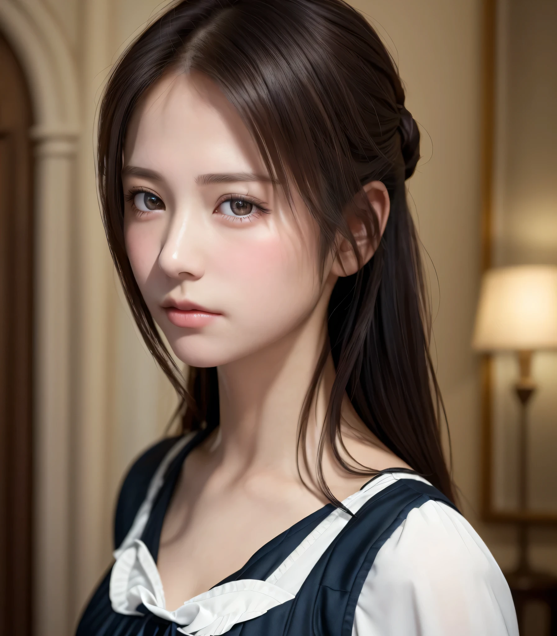 8K, of the highest quality, masutepiece:1.2), (Realistic, Photorealsitic:1.37), of the highest quality, masutepiece, Beautiful young woman, Pensive expression, Thoughtful look, Cute Maid Clothes, Hair tied back, Messy mood, Cinematic background, Tired, Light skin tone