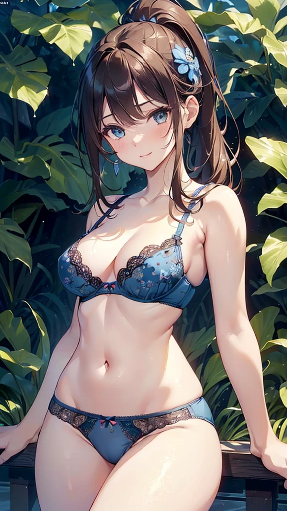 (((whole body))),(masterpiece:1.3, highest quality, Ultra-high resolution, Super detailed), (Realistic, photoRealistic:1.4), Beautiful illustrations, Perfect lighting, colorful, Depth of written boundary, Beautiful detailed hair, Beautifully detailed face, Beautiful fine details, Beautiful clavicle, Beautiful body, Beautiful breasts, Beautiful thighs, Beautiful feet, Beautiful fingers, View your viewers, 1 girl, Perfect Face, (Perfect Anatomy, Anatomically correct), Cute and symmetrical face, Baby Face, , Shiny skin, (Brown Hair), Hair between the eyes, Dark green eyes, Droopy eyes, Big eyes, Long Eyelashes, (((Luxury underwear)))、(((Blue floral underwear))),(bra、Embroidery pattern)、(((panties、Embroidery pattern)))、(Beautiful views), Bright lighting、smile、laughing,(((semen)))、(((whole bodyが見えている))) ,((City)),((morning))、(full body:1.3) ,(((ponytail)))