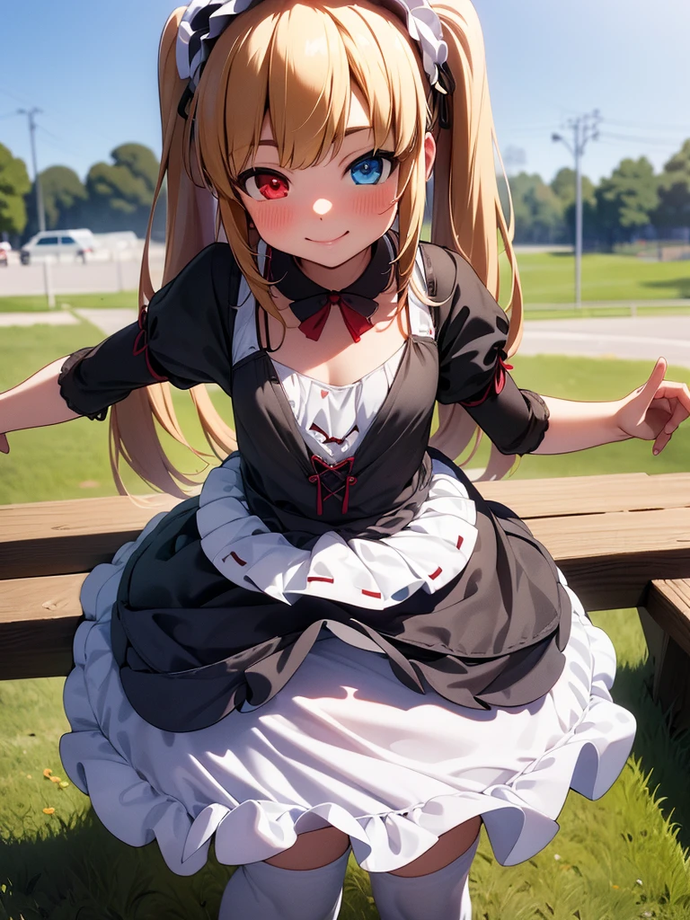 masterpiece, best quality, hasegawa kobato, solo, twintails, 10yo, (petite),
 frills, flat chest, black sleeved dress, red blue heterochromia, white skirt,
 smile, standing, park,