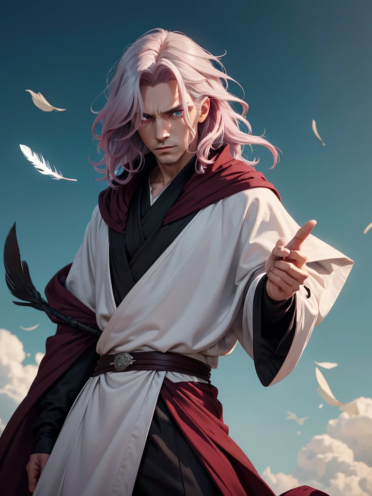(best quality), 1boy, male, grey skin, gradient hair, (burgundy red hair), white hair, medium hair, wavy hair, hair over shoulder, hair over one eye, green eyes, perfect eyes, black sorcerer robe, crow feather accessoires, fully clothed, fantasy, tall, stoic, masterpiece, anatomically correct, highres