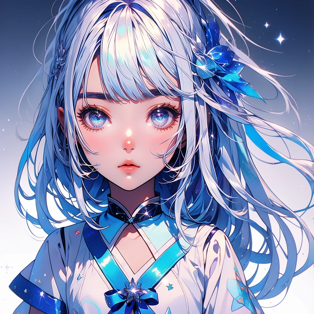 Star Fairy、Shiny Hair 、Vtuber Half、Bangs shorter than eyebrows Aster Piece、highest quality、Best illustrations、Super quality、Upper Body、alone、1 girl、Looking into the camera、upright、Place your arms at your sides、Beautiful and delicate eyes、Concept Art、From the front、White Background、Simple Background、Droopy and large eyes、Ultra-fine mesh、Sparkling eyes Silky white and blue gradient long hair、Short sleeve、water colored pencils、Kind Face、Virtual YouTuber、