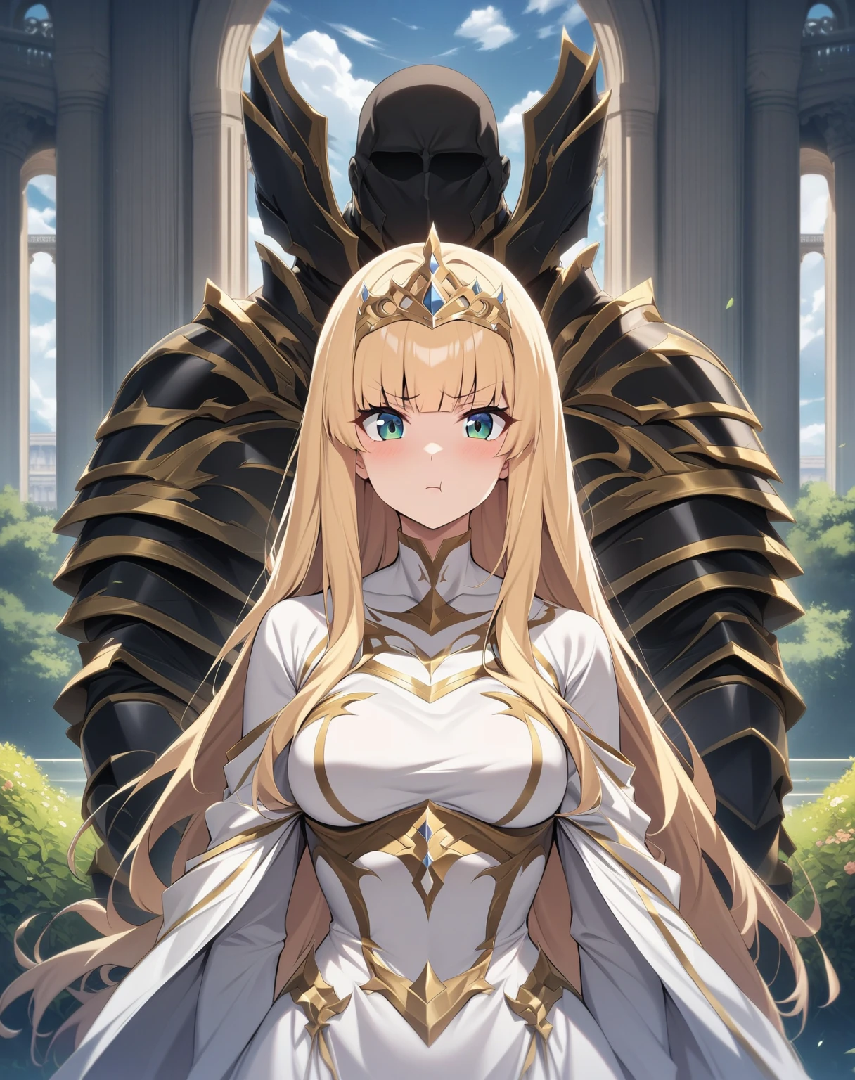 {{upper body, straight-on}} {{Artist: moisture_(chichi)}} 1 woman, 2 guards on either side restraining her, 2 men wearing armor, mature female, elegant, princess, medium breasts, straight hair, golden hair, long hair, hime cut, green eyes, white dress, gold trim, tiara, looking at viewer, pout, faceless male, outdoors, garden, palace, cloudy, moonlight, window.
