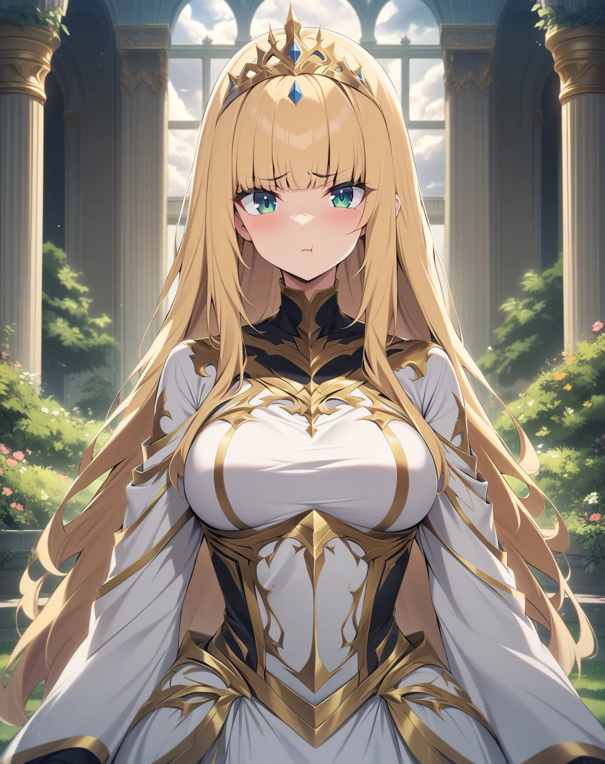 {{upper body, straight-on}} {{Artist: moisture_(chichi)}} 1 woman, 2 guards on either side restraining her, 2 men wearing armor, mature female, elegant, princess, medium breasts, straight hair, golden hair, long hair, hime cut, green eyes, white dress, gold trim, tiara, looking at viewer, pout, faceless male, outdoors, garden, palace, cloudy, moonlight, window.
