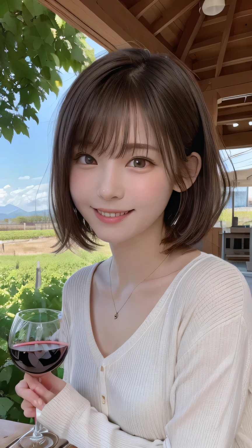 closeup shot , Best picture quality (8K, high resolution, Masterpiece: 1.2), super detailed, 215 Short Hair, 16-year-old woman,
situation: Wine tasting scene at a winery。
clothing: Casual and elegant clothing(Shirt and pants、loafers)。Keep your hair natural。
angle: Winery landscape in the background、Front view of wine tasting。The scene where wine is poured、Close-up of the face enjoying the scent。Captures details of wine bottles and wine glasses。
Close-up of face
, random cute pose ,big eyes ,Puffy eyes , Heart Pupil, blush , huge shy smile , salute