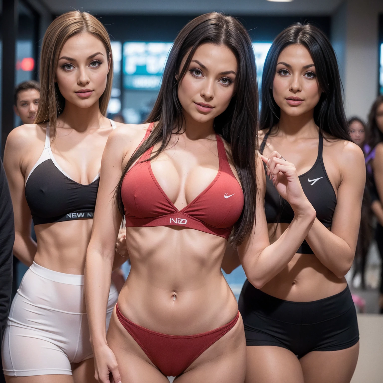 1 ginger, 1 red hair, 1 blue hair, 1 brunette, 1 blond, 1 ebony with straight hair, 6 women, they are ready to go to the gym, sexy girl, Anna Nikonova aka newmilky, perfect body, seductive lady, gorgeous face, sexy body, poised beautiful body, seductively looking in front, sexy look, sexy hot body, ((high detailed skin, skin details)), perky, sharp focus, 8k uhd, dslr, high quality, film grain, rim light, Koda chrome, RAW, Nikon z 85mm, extremely detailed award-winning, front lit, HDR, they are smiling and happy, playfully. it's the weekend