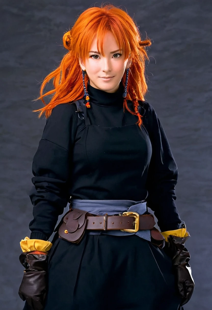 A Ghibli's studio character. With messy orange hair and dark large clothes. Her belt is a rope and she wear very noticeable earrings and gloves
