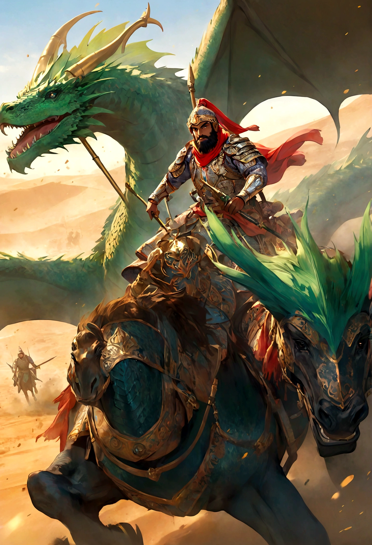 arabian desert, arabian knight,black skin, beard, Galloping on the back of a giant green dragon,Bright armor,Holding the spear in one hand,Background is battlefield