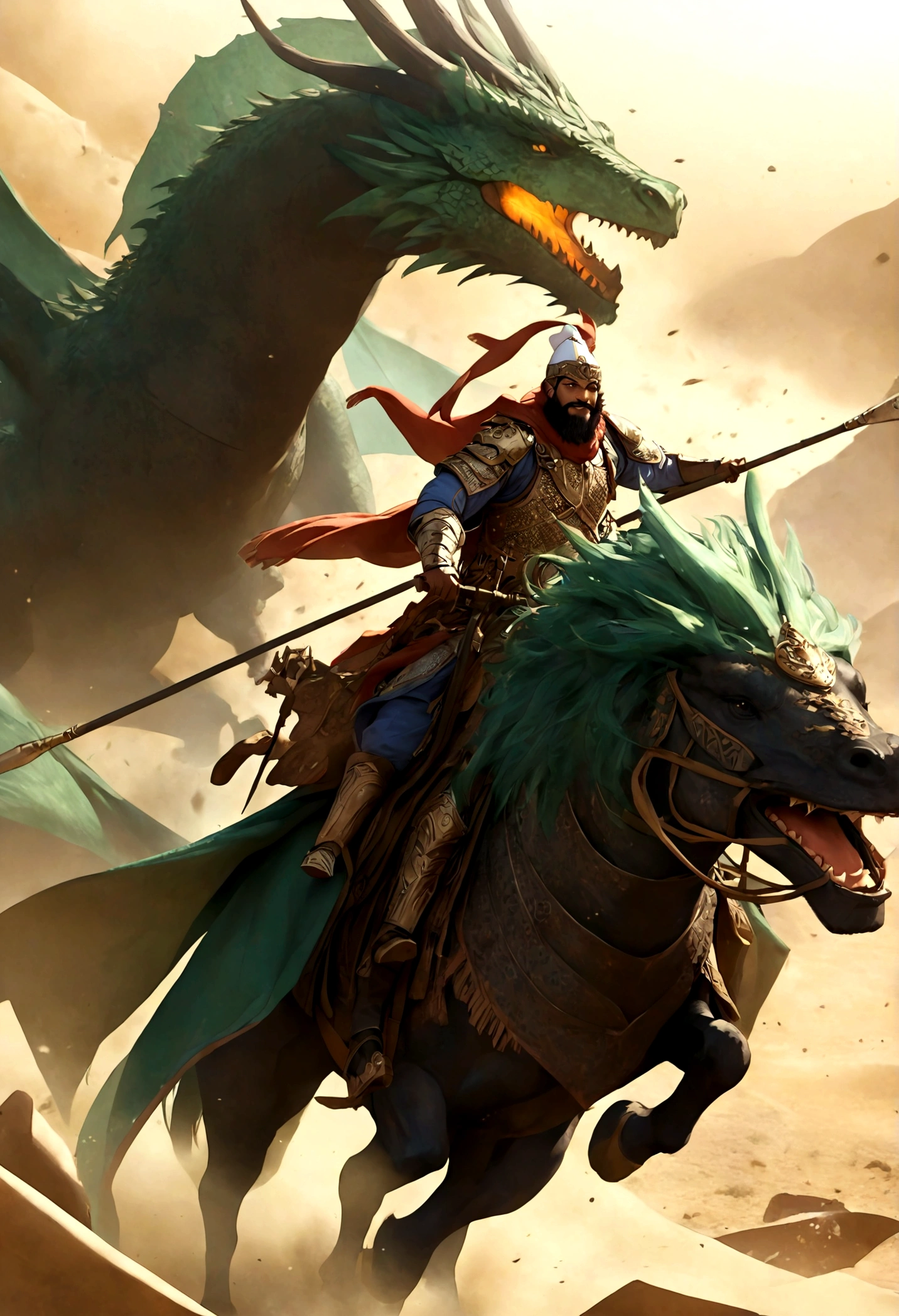 arabian desert, arabian knight,black skin, beard, Galloping on the back of a giant green dragon,Bright armor,Holding the spear in one hand,Background is battlefield