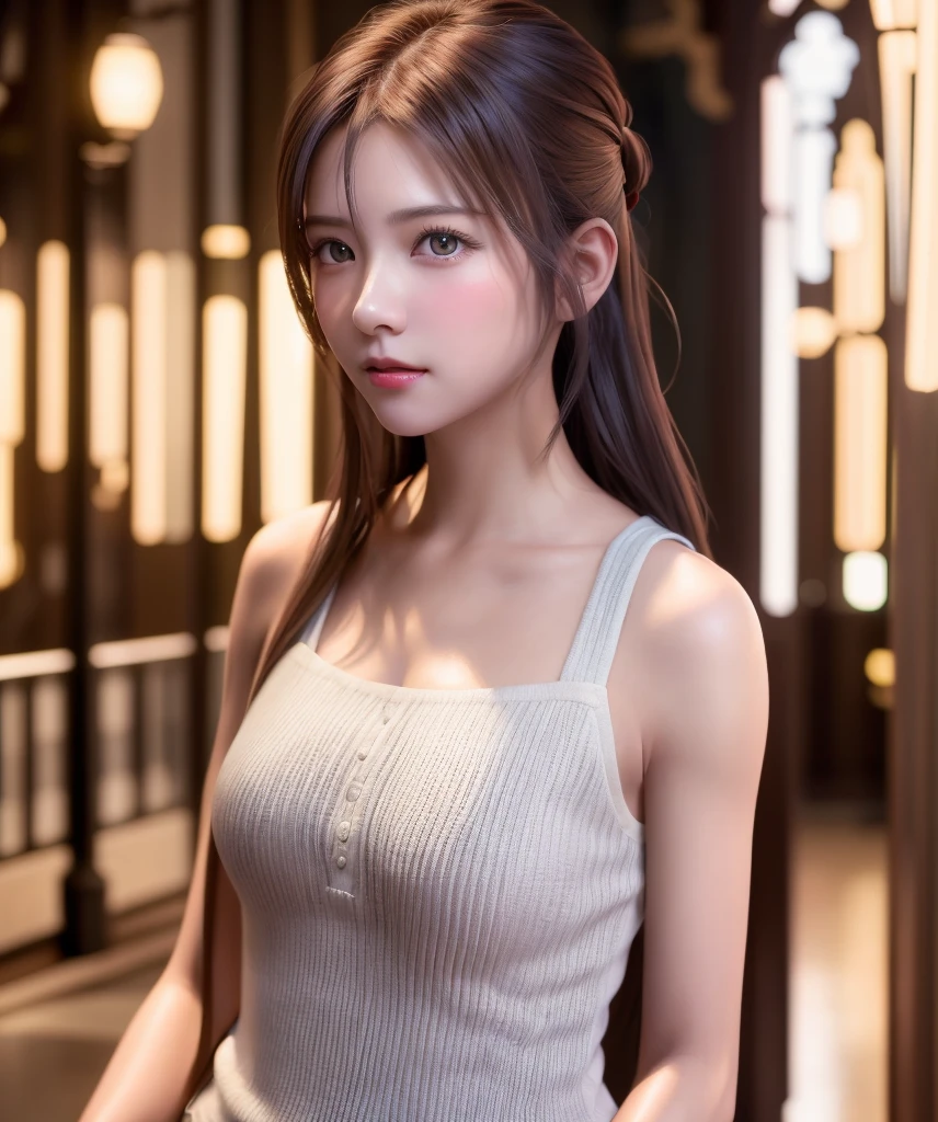 8K, of the highest quality, masutepiece:1.2), (Realistic, Photorealsitic:1.37), of the highest quality, masutepiece, Beautiful young woman, Pensive expression,、A charming、and an inviting look, cute santa clothes, Hair tied back, Cinematic background, Light skin tone