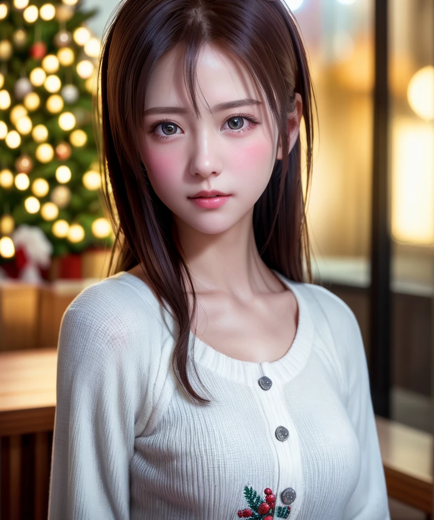 8K, of the highest quality, masutepiece:1.2), (Realistic, Photorealsitic:1.37), of the highest quality, masutepiece, Beautiful young woman, Pensive expression,、A charming、and an inviting look, cute santa clothes, Hair tied back, Cinematic background, Light skin tone