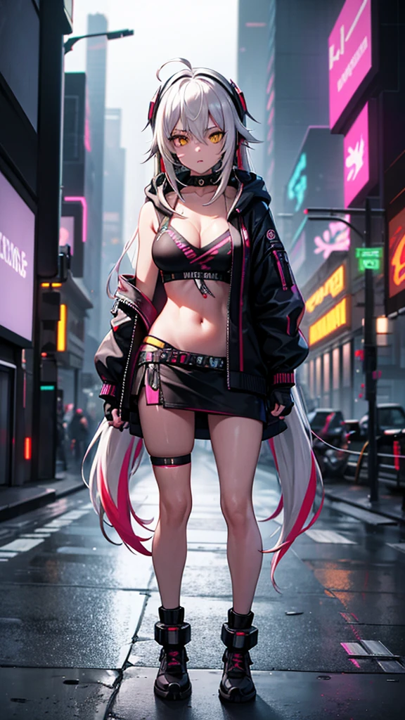 1girl, long hair, streaked hair, multicolored hair, white hair, yellow eye, standing, headphones, medium breasts, cleavage, fingerless gloves, hoodie, mini skirt, seamed legwear, ((cyberpunk))