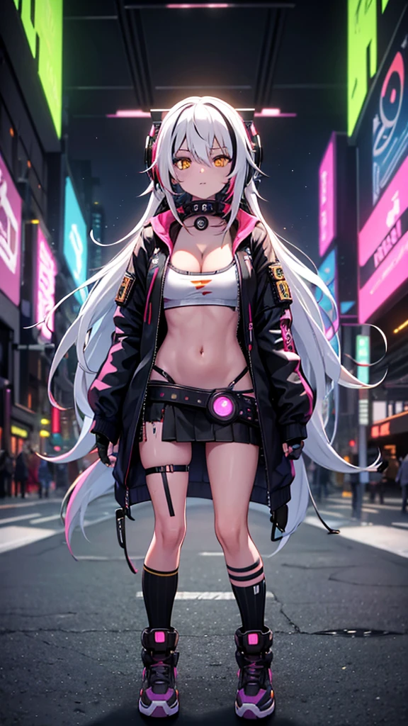 1girl, long hair, streaked hair, multicolored hair, white hair, yellow eye, standing, headphones, medium breasts, cleavage, fingerless gloves, hoodie, mini skirt, seamed legwear,  ((cyberpunk))