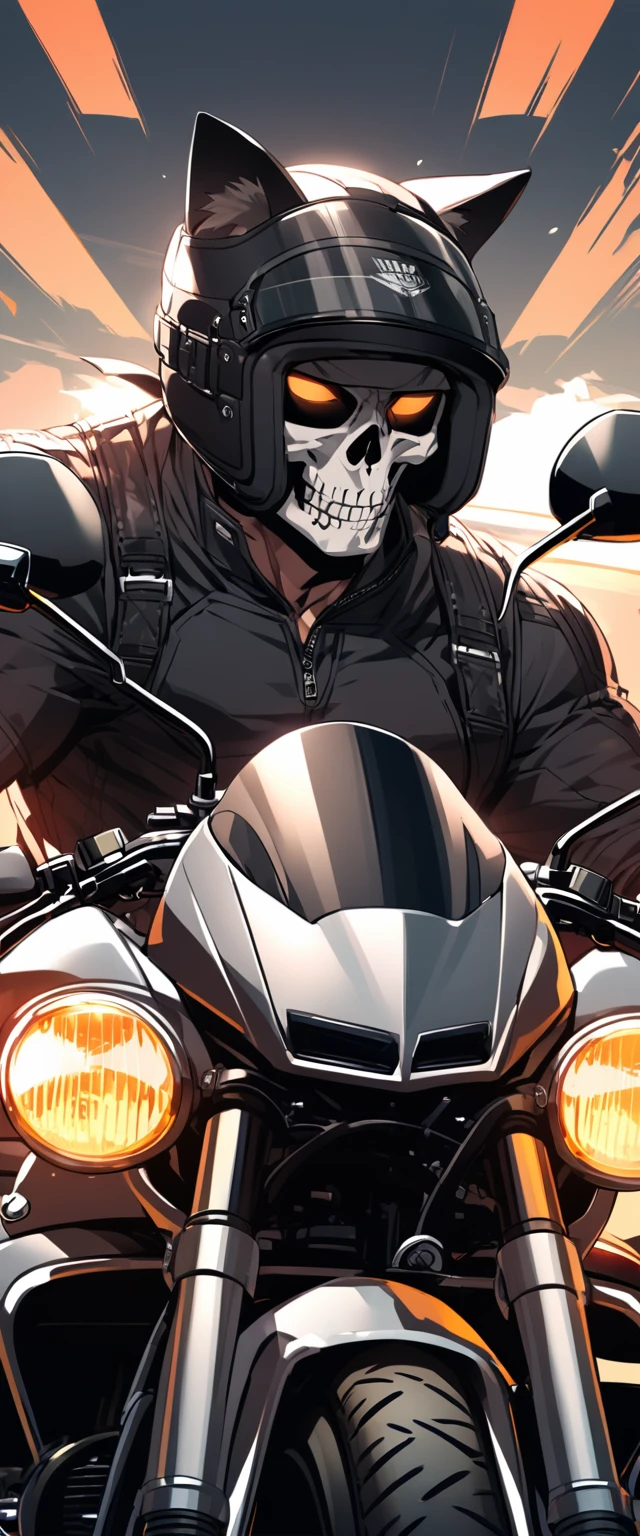 A muscular biker who wears a motorcycle helmet that covers his head and face. The motorcycle helmet should be shaped like a skull and have cat ears