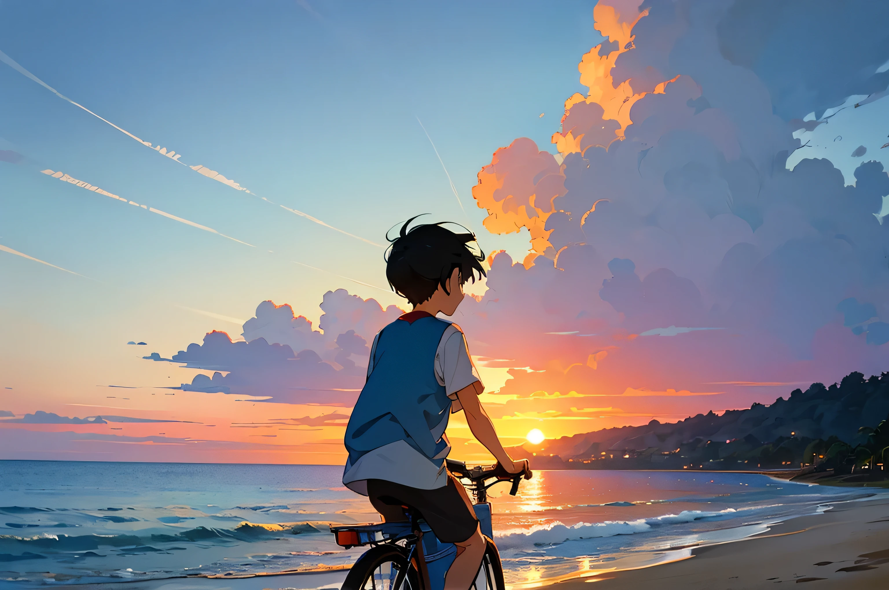 Studio Ghibli Style HMC, Studio Ghibli Style HMC, Beach sunset bike view,Blues, One boy,landscape,Beautiful sunset,