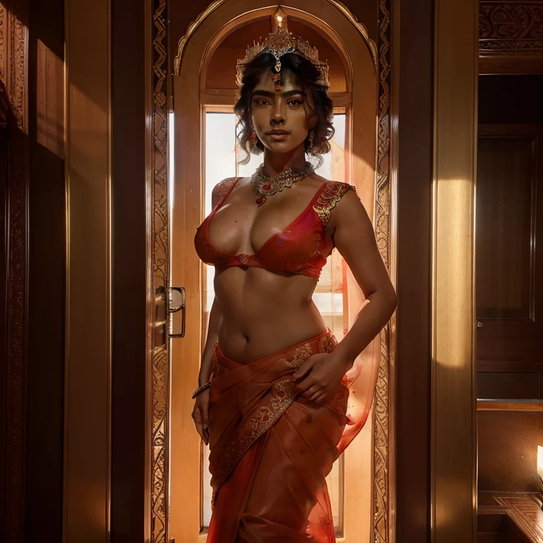(highly detailed), (illustration), (intricate), (beautiful face), (attractive body), (complete body picture), modern indian goddess, Hinduism, (transparent red saree), (visible natural breasts), (NSFW), dynamic pose, deity crown, (lion standing nearby), colorful, eye-catching, heavenly.