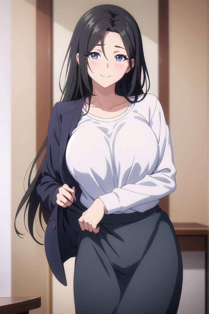 masterpiece, (best quality), 1woman,1girl ,haruhiko_ichijou_mother, black hair, long hair, (blue eyes),casual clothes, (skirt),big breasts ,, ,sexy woman,smile, hair between eyes, long sleeves,closed clothes, embarrassed,blush, undressing , vibrant colors ,natural lighting ,RTX, , beautiful, (detailed face:1.2), showcase, (perfect eyes:1.1) ,(photorealistic:1.1), 8k UHD, looking at the viewer, indoors, simple background,