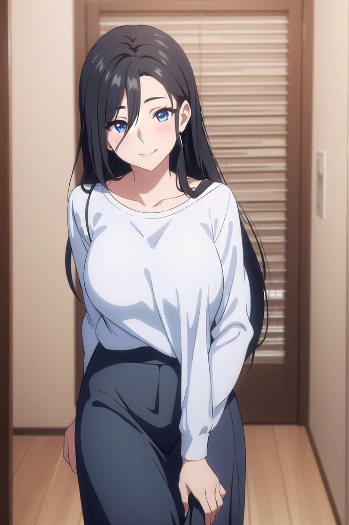 masterpiece, (best quality), 1woman,1girl ,haruhiko_ichijou_mother,  black hair, long hair,  (blue eyes),casual clothes, (skirt),big breasts ,, ,sexy woman,smile, hair between eyes, long sleeves,closed clothes, embarrassed,blush, undressing  , vibrant colors ,natural lighting  ,RTX,  , beautiful, (detailed face:1.2), showcase, (perfect eyes:1.1) ,(photorealistic:1.1), 8k UHD,  looking at the viewer, indoors,  simple background,