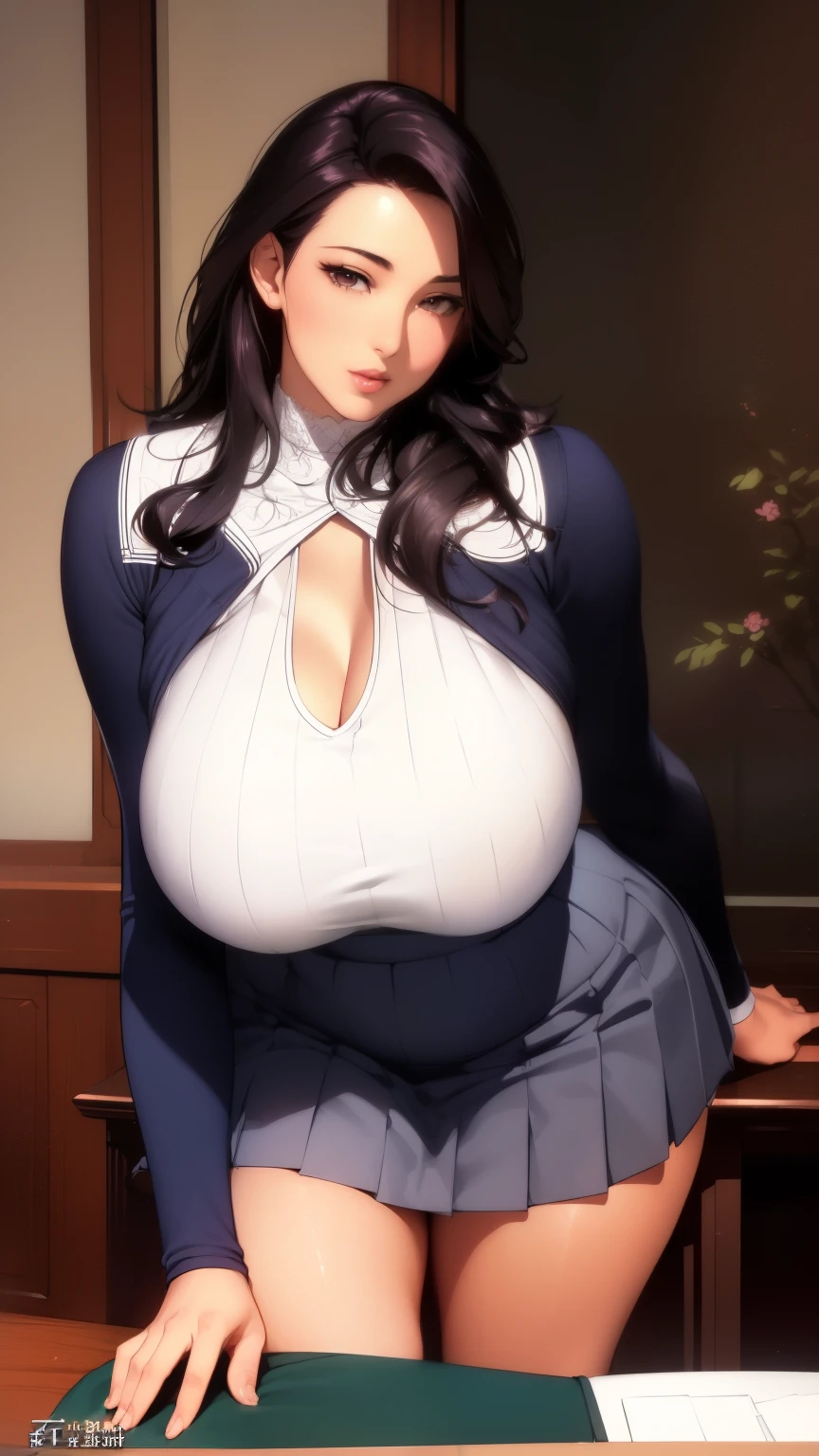 (8k, highest quality, Tabletop:1.4), (Intricate details:1.3), (Realistic), (Super detailed), One Girl, alone, (Married women、40s)、Beautiful woman、Mature Woman, Front view, (Leaning forward:1.2), Showing cleavage, View Viewer, Nankoku Resort, Detailed long hair, (Fluffy long black hair), Fine grain,, Hourglass-shaped body shape, (Sensual curvaceous body:1.1), (Huge breasts), Thick thighs, Wide Hips, Narrow waist、( uniform),(Sexy Sailor Suit ),(Pleated mini skirt)、Realistic lighting, Natural soft light, Dynamic Lighting