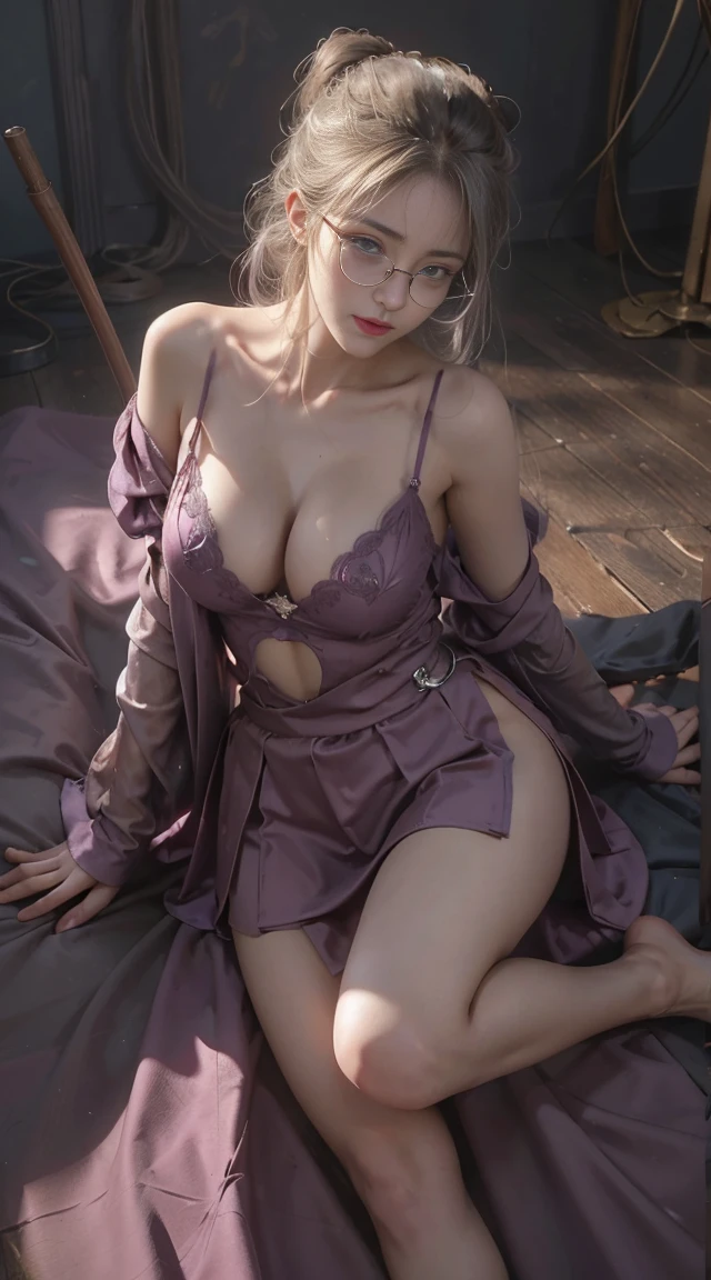 Dark style、Succubus、Devil's Daughter、Bat Wings，(((Demon Hornlack-rimmed round glasses))))、(((Colossal tits)))、(Devil's Tail),（Woman lying on bed）1 girl, Silver hair, striated hair, Bangs, Blunt bangs, Long hair, Pink hair, aqua eyes, longeyelashes, Purple eyes, makeup, Smile, Parted lips, Realism, Verism, surrealism, depth of fields, One-person viewpoint, retinas, masutepiece, ccurate, Anatomically correct, Textured skin,（Coarse short sweater）Floats off the shoulders、off shoulderlack tight skirt（（Full Body Angle））、stick out buttocks）、（shapely breasts,)、((sexypose)))、(camel's toe), tongue、Vaginal orchids、Runny Vaginal Discharge、Blowing tide、Very beautiful breasts、Grasp your breasts with both hands、sexual excitement、 Expressions、shinny skin。realisitic、(Kpop Idol)、Medium Hair、(Pink blush)、(illuminating)、(solo)、dynamicposes、((erectile nipple))、(Puffy eyes:1.２)、 (Slim legs)、erotick