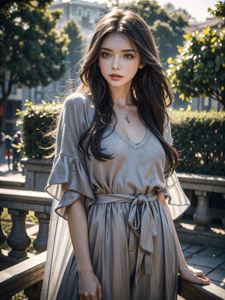 a beautiful young russian woman with long gray hair , Fashionable clothes, dazzling morning sun, best quality, 4k, 8k, highres, masterpiece:1.2, ultra-detailed, realistic, photorealistic, photo-realistic:1.37, HDR, UHD, studio lighting, ultra-fine painting, sharp focus, physically-based rendering, professional, vivid colors, bokeh, portrait