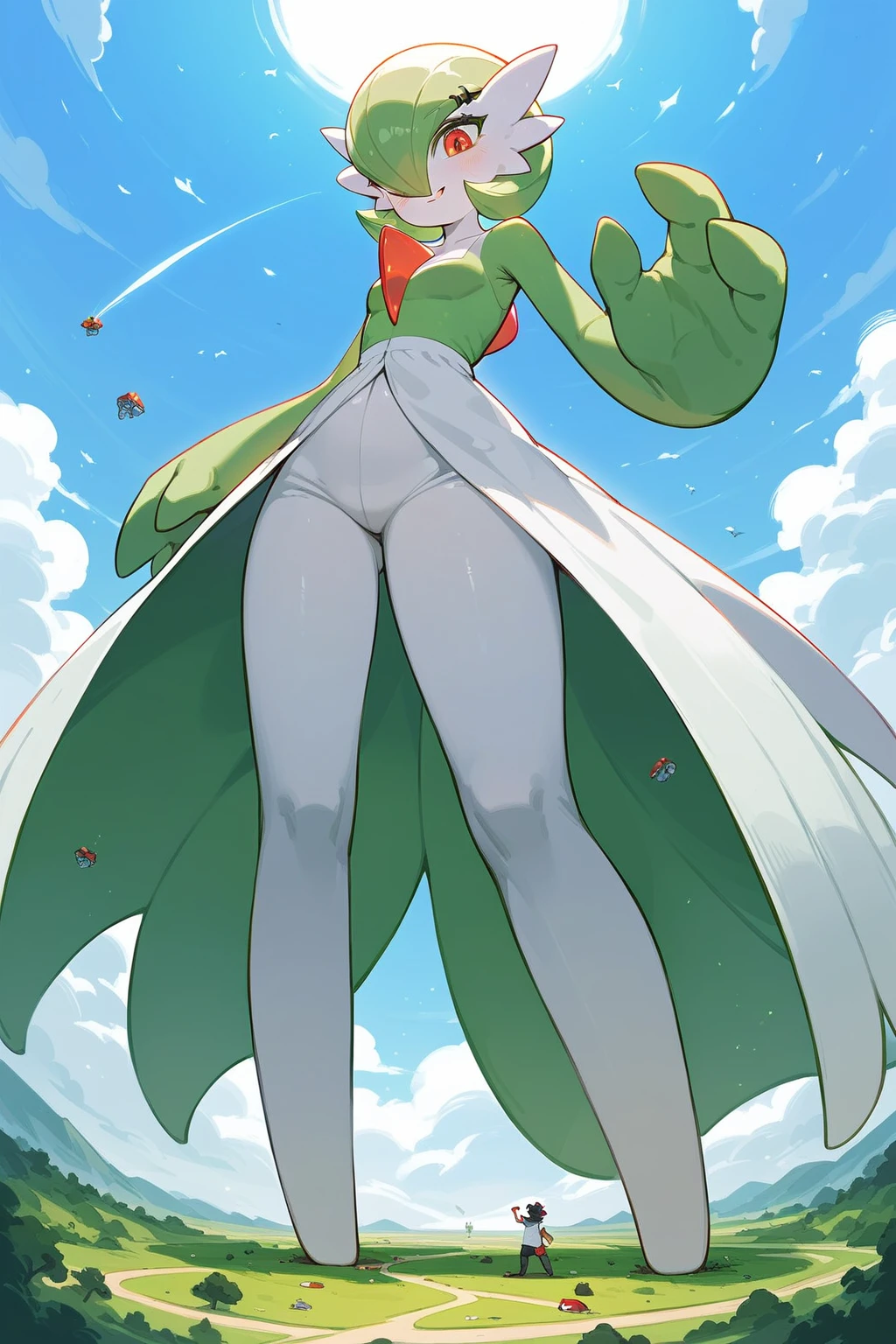 (score_9,score_8,score_7),{{green and white}}, gardevoir, pokemon, macro, low angle, {{standing on the ground}}, standing