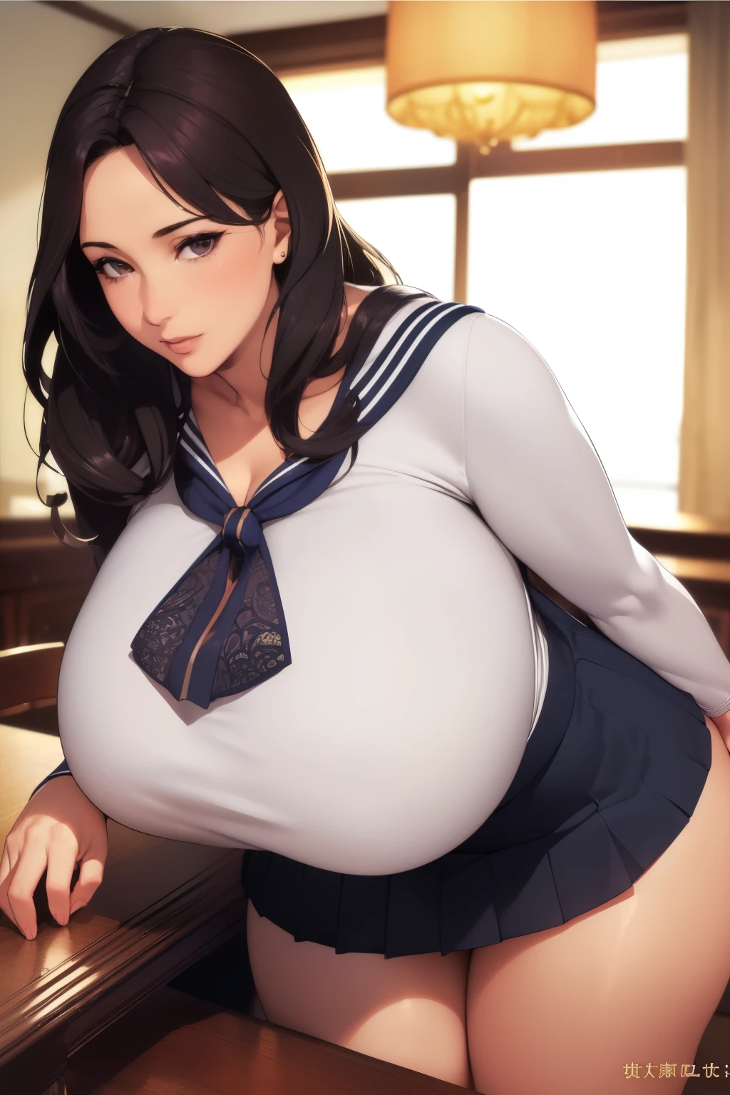 (8k, highest quality, Tabletop:1.4), (Intricate details:1.3), (Realistic), (Super detailed), One Girl, alone, （Married women、40s）、Beautiful woman、Mature Woman, Front view, (Leaning forward:1.2), Showing cleavage, View Viewer, Nankoku Resort, Detailed long hair, (Fluffy long black hair), Fine grain,, Hourglass-shaped body shape, (Sensual curvaceous body:1.1), (Huge breasts), Thick thighs, Wide Hips, Narrow waist、( uniform)，(Sexy Sailor Suit )，(Pleated mini skirt)、Realistic lighting, Natural soft light, Dynamic Lighting