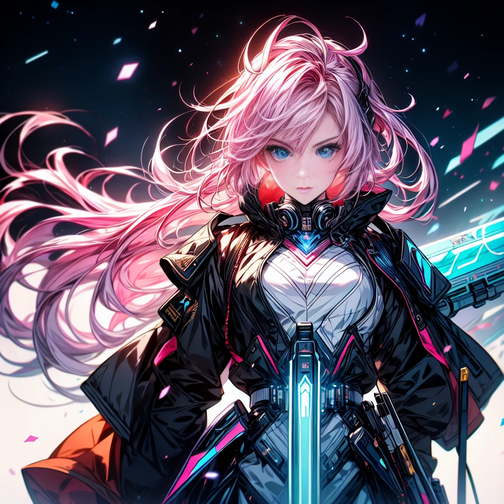1girl、[17277fbe68],minaba hideo、High quality、Maximum detail、(((highest quality、Masterpiece、Official Art、The best dynamic composition)))、(Fine hair)、(Tabletop, highest quality), Super detailed, Anime Style, whole body, Cyberpunk Girl, Gripping a high-tech rifle, Milky white and pink hair, Glowing blue eyes, Wearing a magical girl costume , 8K High Resolution, Trend Art Station, White Background, Standing in the Wilderness, whole body,