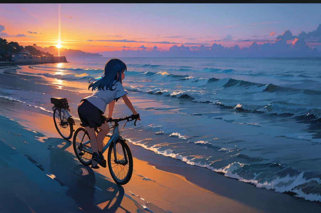 Studio Ghibli Style HMC, Studio Ghibli Style HMC, Beach sunset bike view,Blues, One girl,landscape,Beautiful sunset,