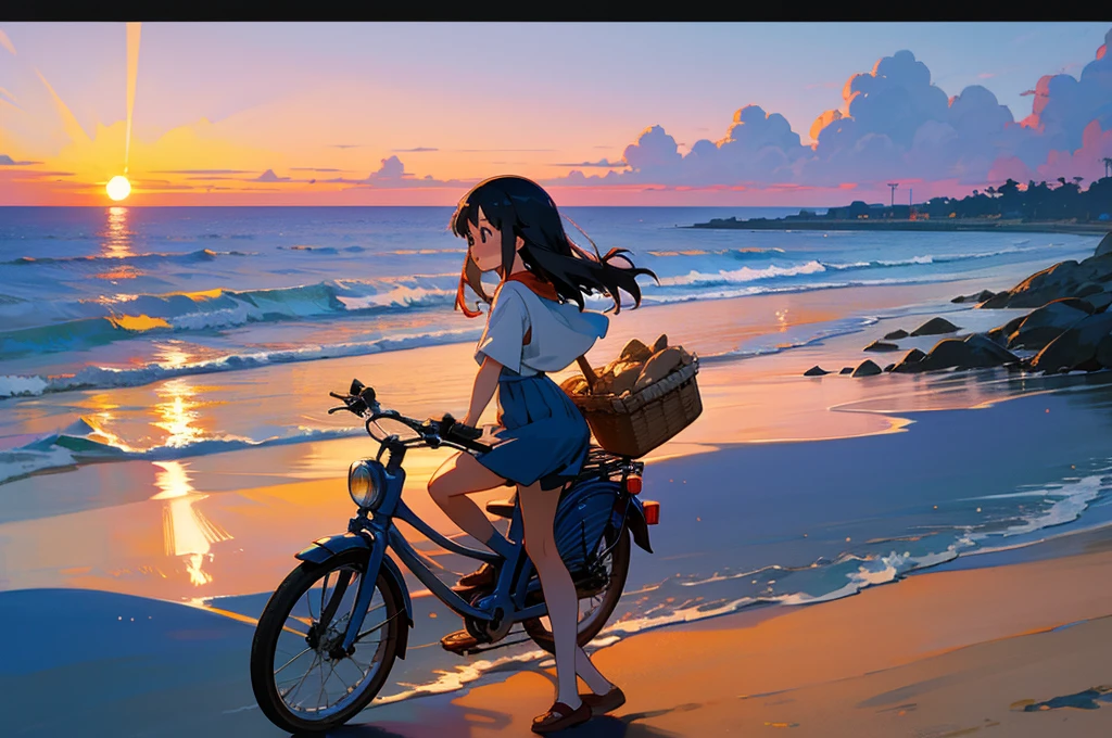 Studio Ghibli Style HMC, Studio Ghibli Style HMC, Beach sunset bike view,Blues, One girl,landscape,Beautiful sunset,