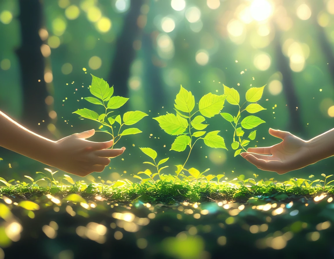 Create a 4K image of two hands grasping each other, made entirely of leaves and twigs. The background is a serene forest, showcasing the collaboration between humans and nature. The image should be highly detailed, in sharp focus, and of very high quality with no blur.
