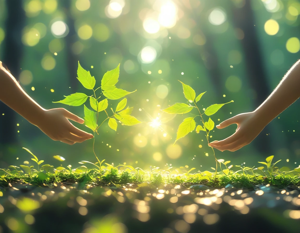 Create a 4K image of two hands grasping each other, made entirely of leaves and twigs. The background is a serene forest, showcasing the collaboration between humans and nature. The image should be highly detailed, in sharp focus, and of very high quality with no blur.