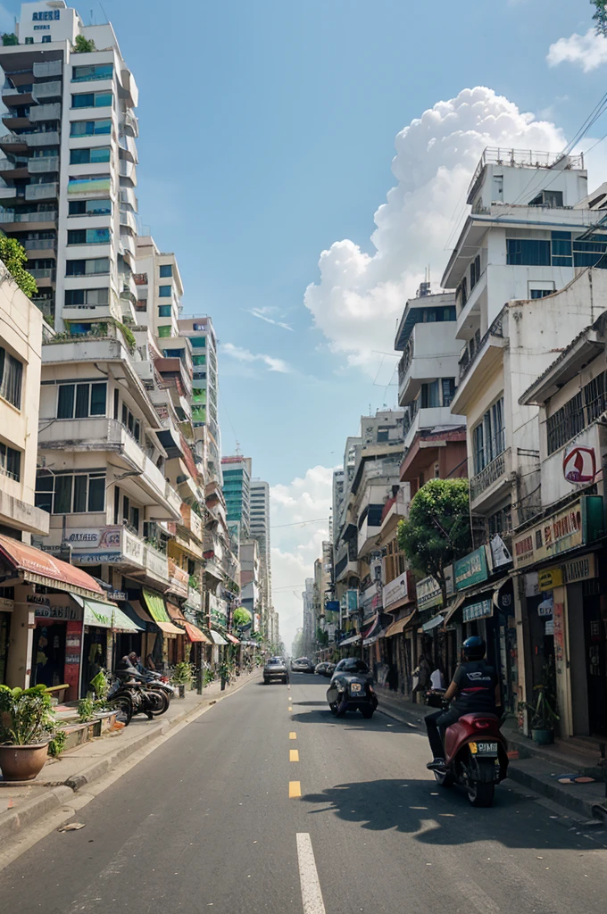 "Jalan Tunjungan" one-way road with sidewalks with trees in Surabaya city, at day time, in Indonesia, with multiple futuristic skyscrapers, and around it 1900 ish buildings and homes, with people driving futuristic flying mopeds, detailed, 4k, view from sky