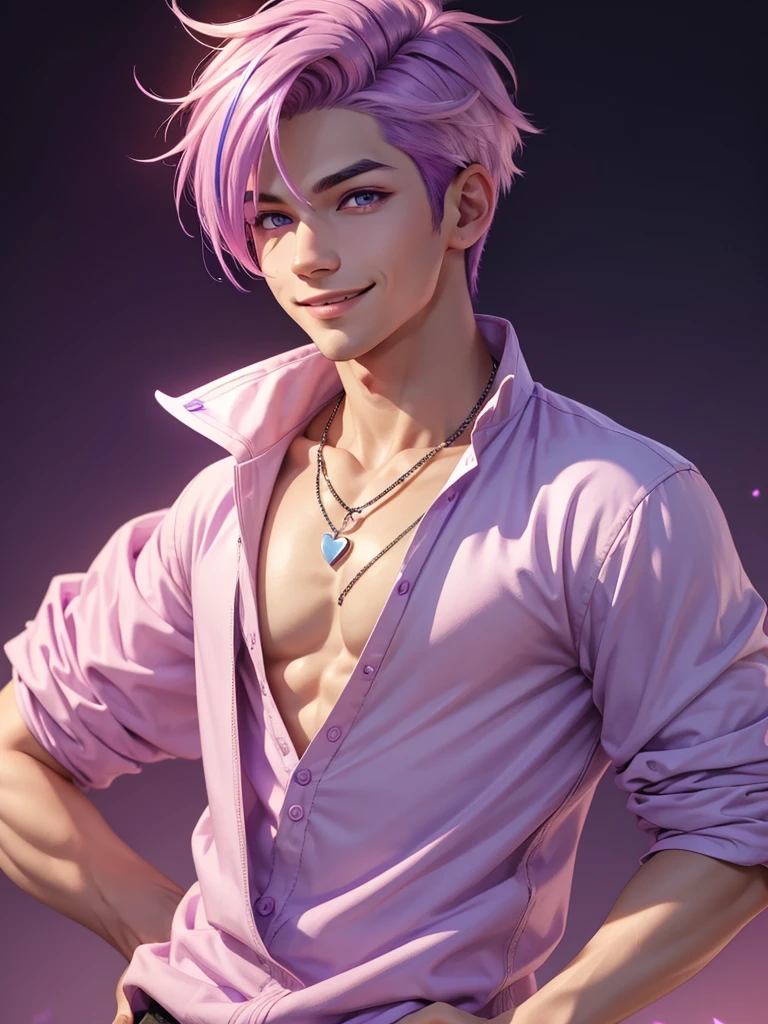 (best quality), 1boy, male, white skin, asian, purple hair, pink streaked hair, short hair, one side up, purple eyes, perfect eyes, heart necklace, stylish clothes, fully clothed, smile, masculine, masterpiece, anatomically correct, highres