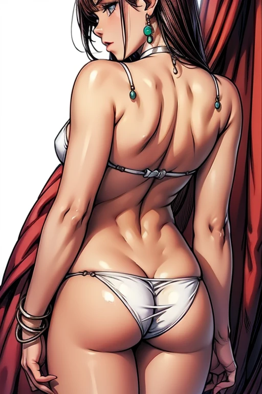 highest quality, High resolution, (Anatomically correct), stage, Dark Skin, dqmanya, bangs, Circlet, Earrings, choker, bracelet, Bracelet, White Bikini, Enchanting, Back view,Ass close up