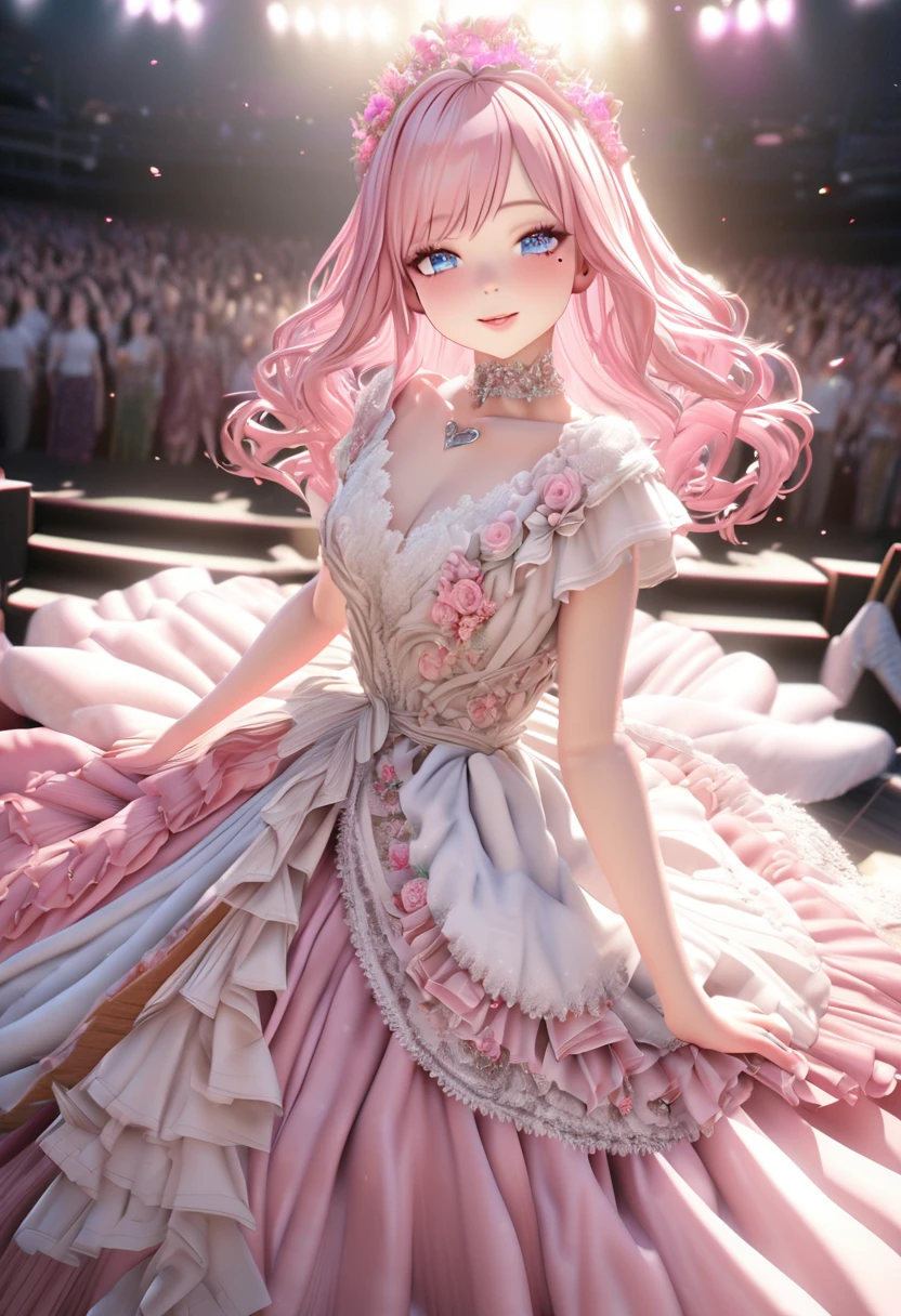 One girl looking at the audience, beautiful blue eyes, pink medium long hair, mole under eye, plump glossy lips, heart shaped choker, idol, smiling, ... 3D, realistic, princess dress with too many frills, draped clothes, jewels, stripped of embellishments, floral print, lace trim, bright stage, masterpiece, best quality, 8k, detailed skin texture, detailed fabric texture, beautifully detailed face, intricate details, highly detailed, ultra high resolution, 8K Ultra HD, film grain, best shadows, delicate, looking at the audience, frontal