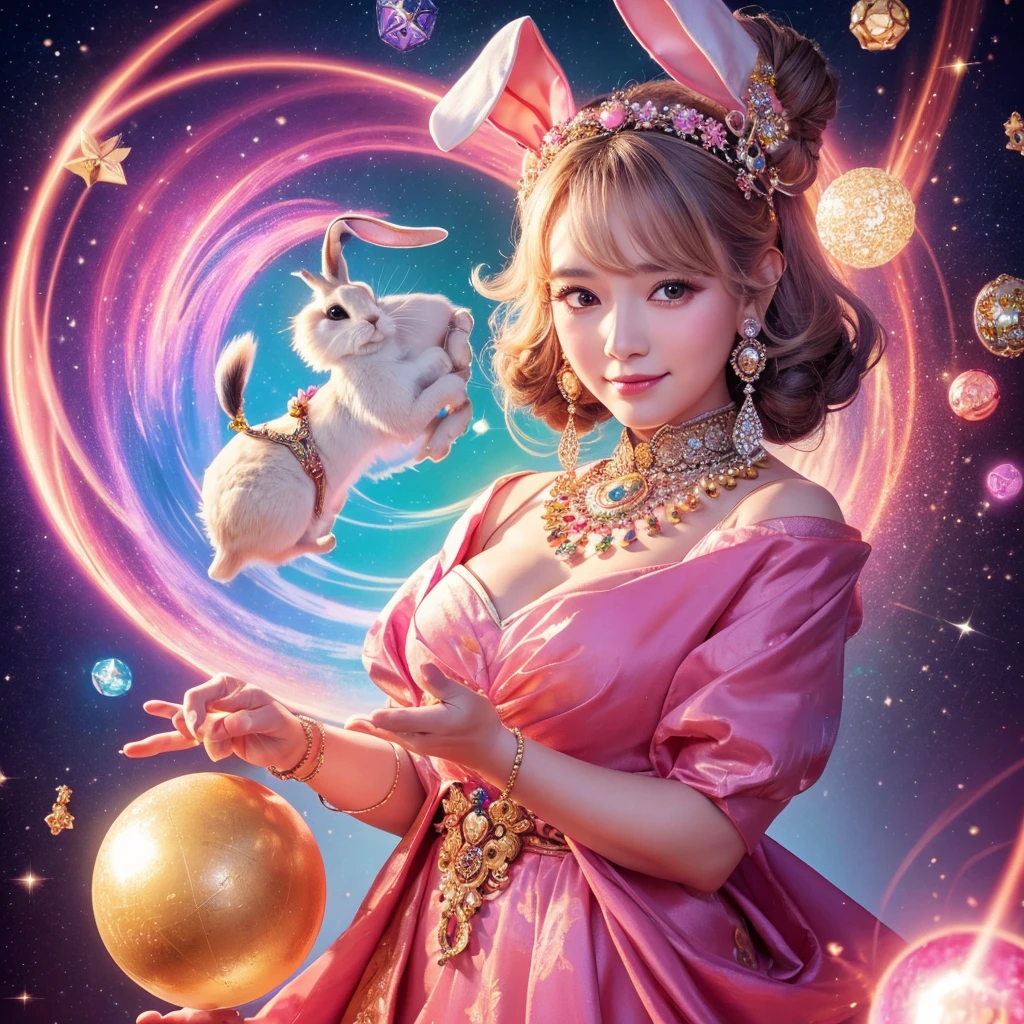 A shining old lady adorned with various jewels,The rabbit is holding a large ball,Staring straight into the camera, in the center,Very bright color, Light Particles, The light shines, Musibu, Wallpaper Art, UHD Wallpaper,Background pink、Divination for meditation、Mysterious