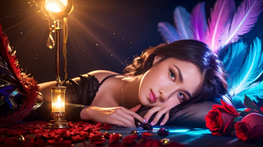 Create a hyper realistic image featuring a large, central glossy shiny vibrant red heart surrounded by an intricate array of feathers in shades of glossy shiny vibrant purple and blue.in middle written "Good Morning"Include pink roses interspersed among the feathers, all set against a soft, glowing background that enhances the romantic and elegant feel of the composition.ultra HD 64k hyperrealism studio lightning light reflection