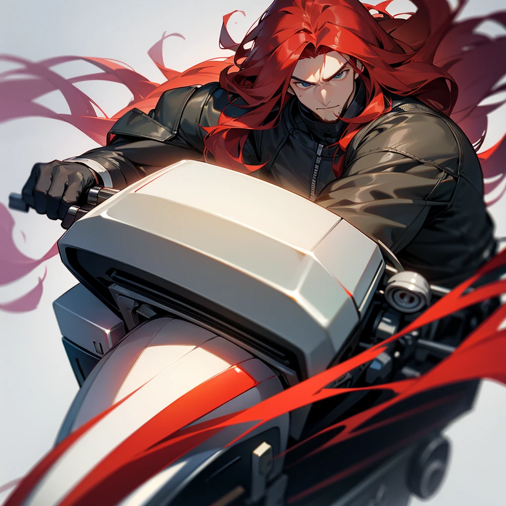 A muscular biker with long red hair and wears a motorcycle helmet that covers his head and face.