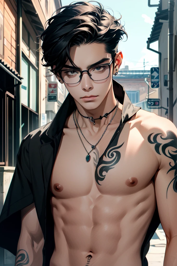 ((ultra detailed, masterpiece, absurdres)) 1boy, solo, black hair, tattoo, necklace, black beard stubble, glasses,